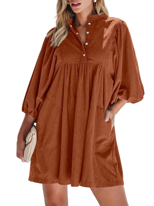Women Corduroy Half Button Puff Sleeve Babydoll Mini Dress With Pockets