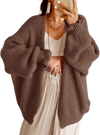 Women Oversized Open‑Front Knit Cardigan Long Balloon Sleeve Loose Sweater Coat