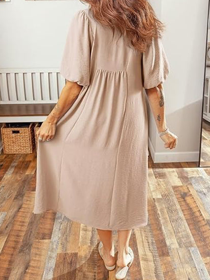 Women's Puff Sleeve V-neck Flowing Maxi Dress
