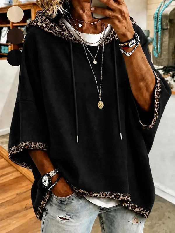 Women 3/4 Bell Sleeve Leopard Trim Hooded Top
