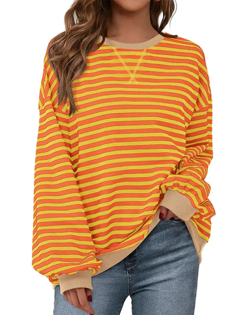 Womens Striped Oversized Sweatshirt Color Block Long Sleeve Top
