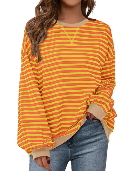 Womens Striped Oversized Sweatshirt Color Block Long Sleeve Top