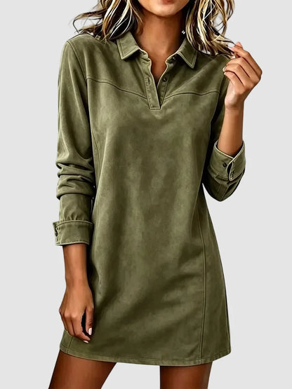 Women's Faux Suede Lapel Long Sleeve Shirt Dress