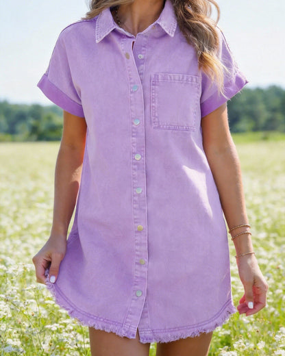 Women's Button Down Frayed Hem Denim Shirt Dresses