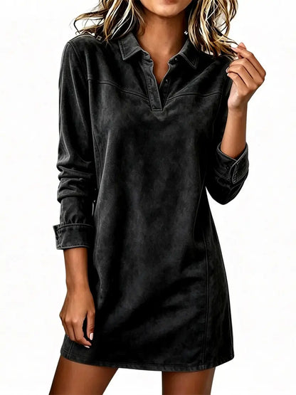 Women's Faux Suede Lapel Long Sleeve Shirt Dress