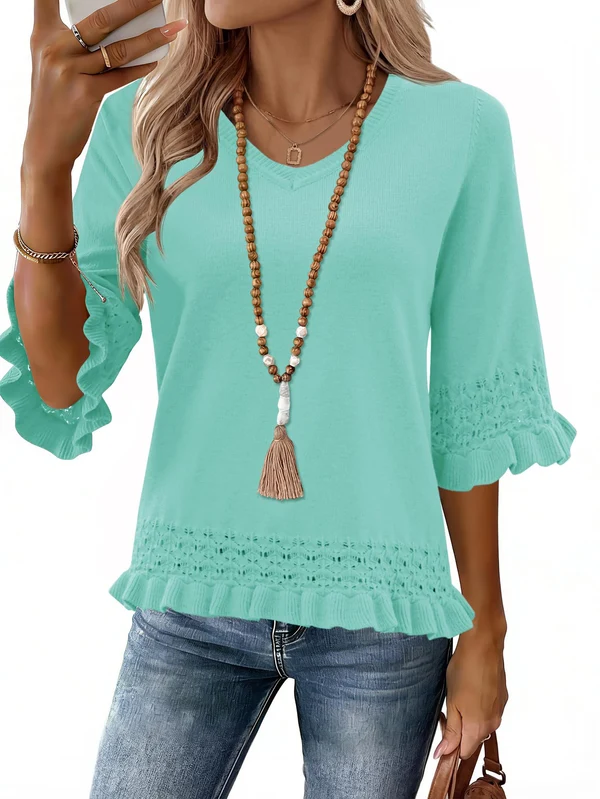 Women V Neck Eyelet Knit Pullover with 3/4 Ruffle Sleeve
