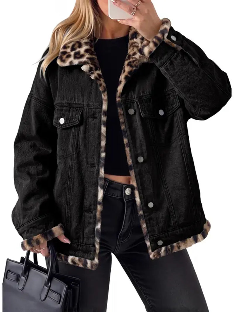 Women Reversible Leopard Lined Denim Jacket