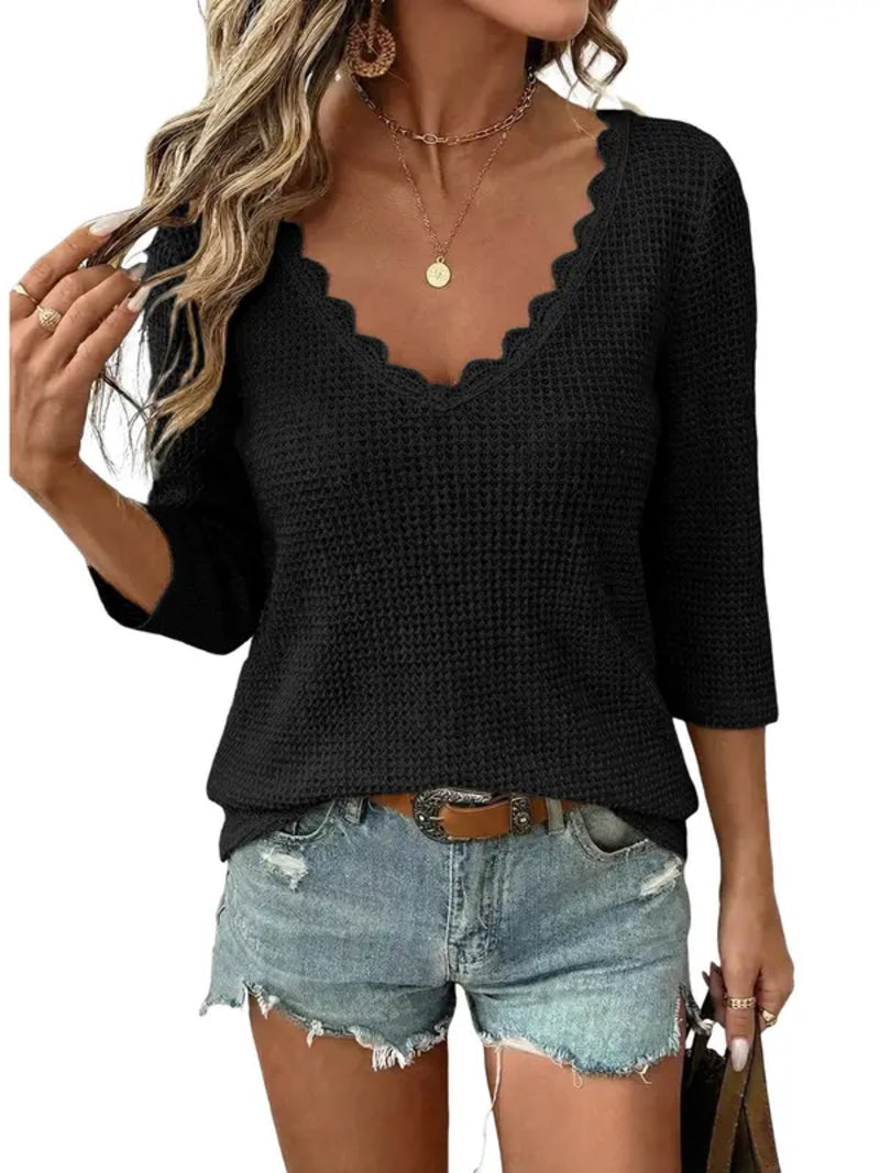 Women Lace Trim U Neck Waffle Knit Top