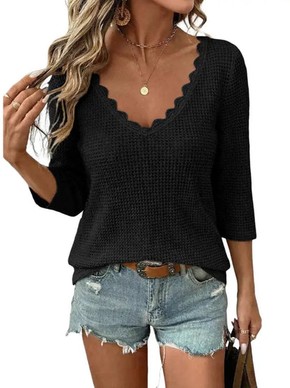 Women Lace Trim U Neck Waffle Knit Top