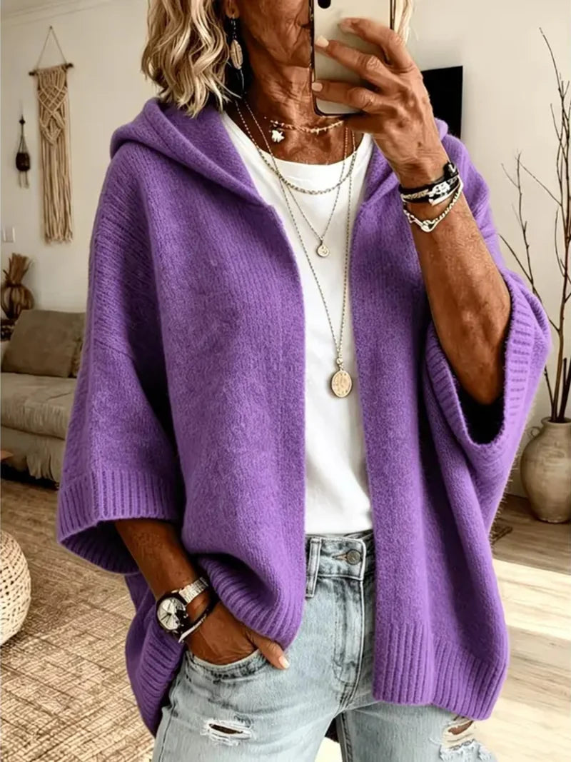 Women 3/4 Sleeve Hooded Knit Cardigan