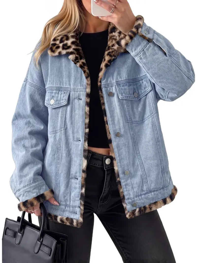 Women Reversible Leopard Lined Denim Jacket