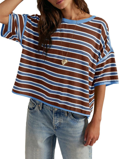 Womens Oversized Striped T-Shirts Color Block Short Sleeve Tops Drop Shoulder Tees