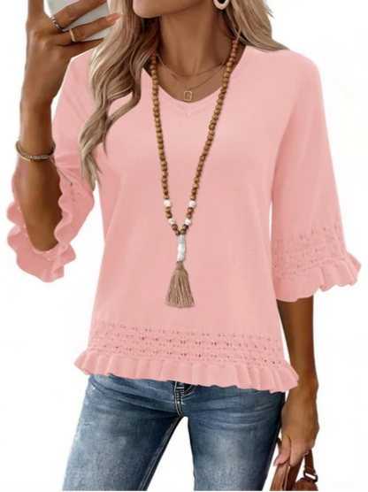 Women V Neck Eyelet Knit Pullover with 3/4 Ruffle Sleeve