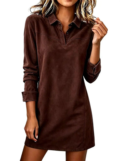 Women's Faux Suede Lapel Long Sleeve Shirt Dress