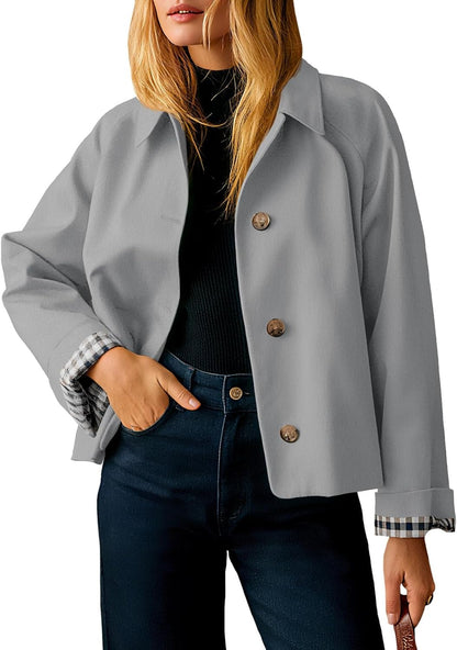 Womens Cropped Trench Coat Lightweight  Jacket Fall Windbreaker  Outerwear