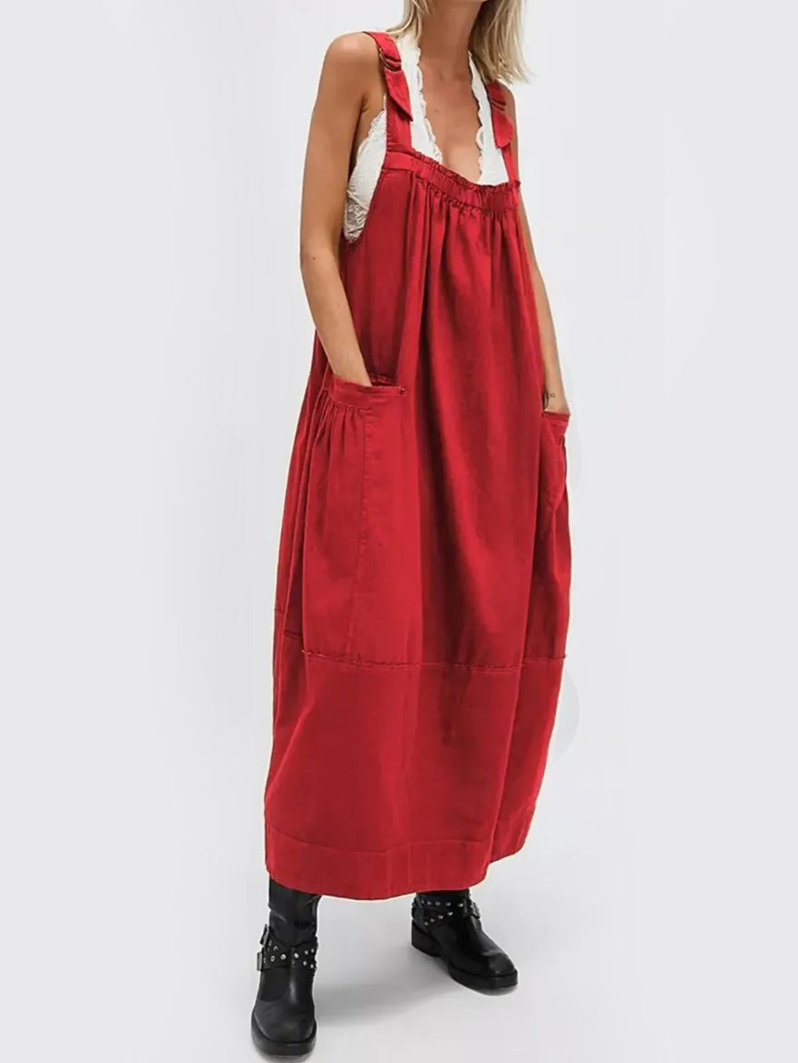 Women's Adjustable Shoulder Strap Loose Long Dress with Pockets