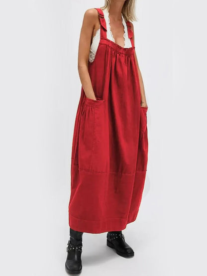 Women's Adjustable Shoulder Strap Loose Long Dress with Pockets