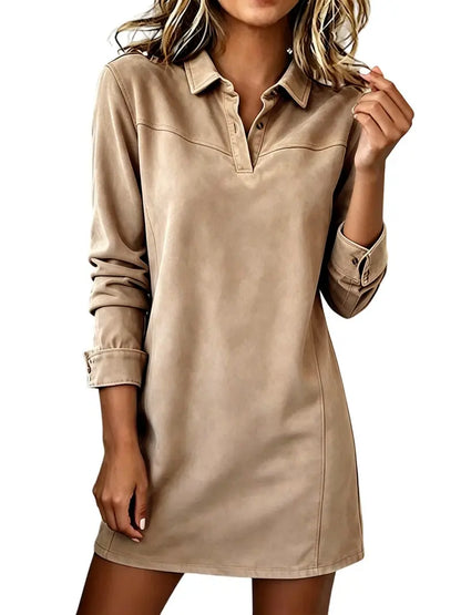 Women's Faux Suede Lapel Long Sleeve Shirt Dress