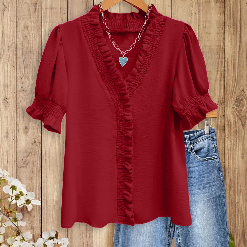Womens Smocked Ruffle Trim V-Neck Blouse