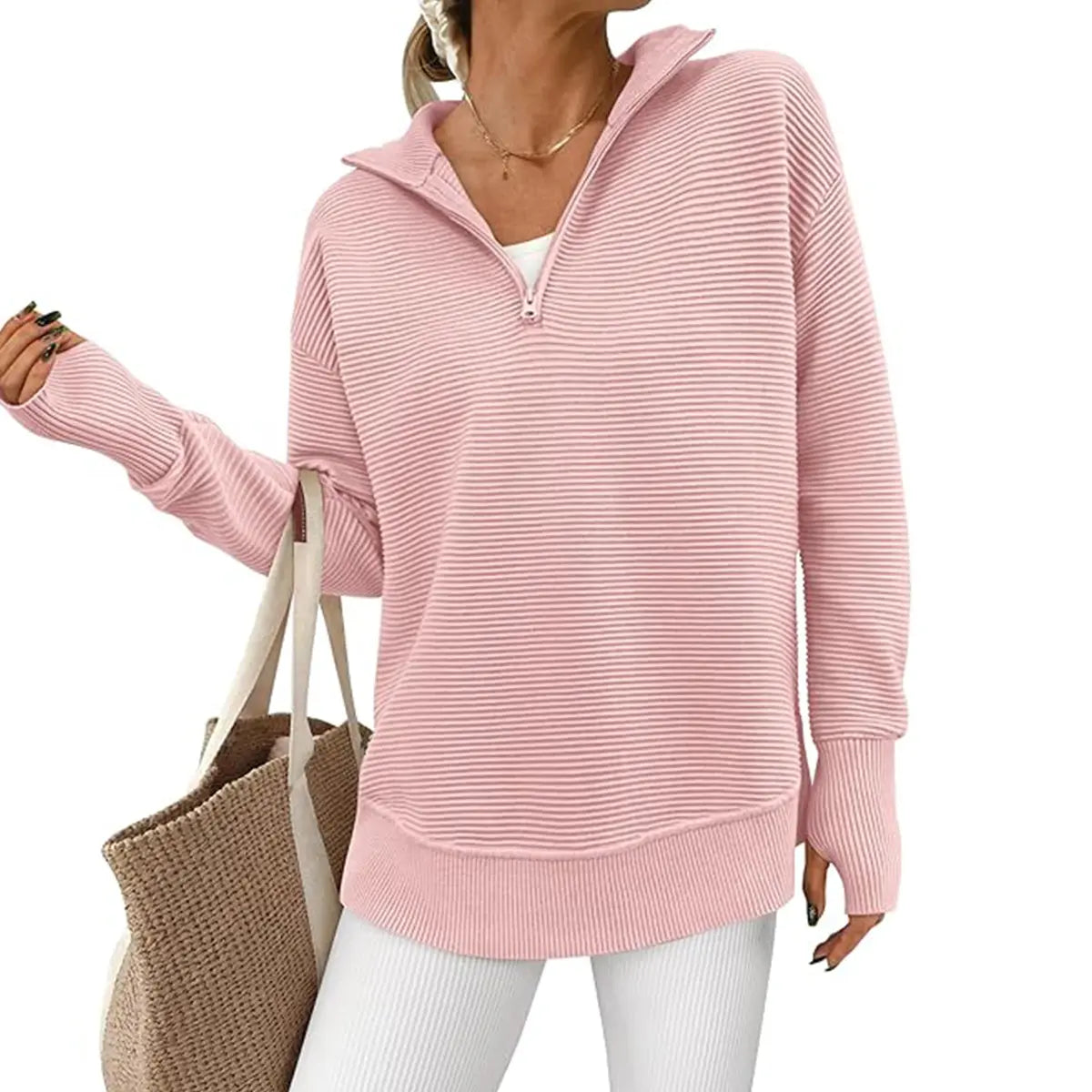 Women Oversized Half Zip Collar Vertical Rib Long Sleeve Knit Top