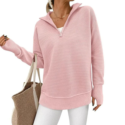Women Oversized Half Zip Collar Vertical Rib Long Sleeve Knit Top