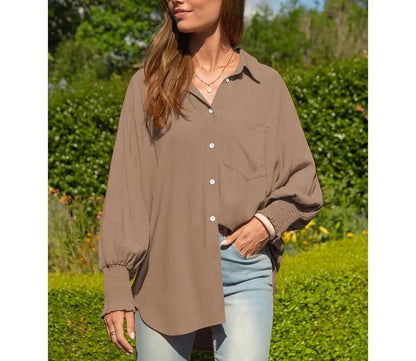 Women Loose Linen Blend Pocket Shirt with Smocked Elastic Cuffs