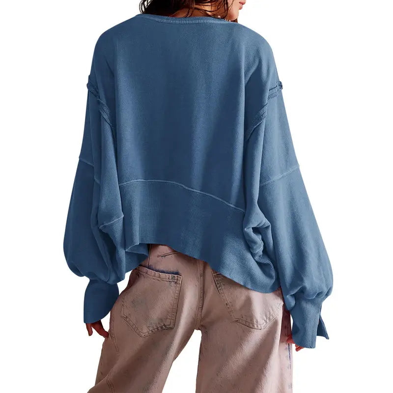 Women Solid Crew Neck Raw Stitch Detail Loose Cropped Sweatshirt