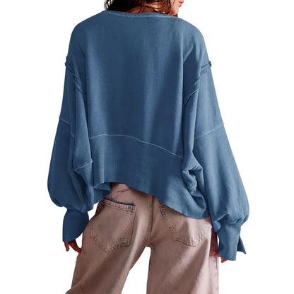 Women Solid Crew Neck Raw Stitch Detail Loose Cropped Sweatshirt