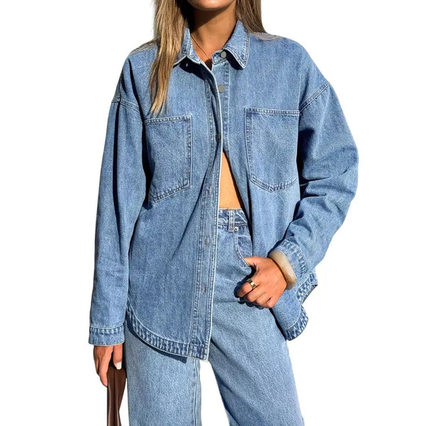 Women Vintage Washed Denim Shacket Long Sleeve Oversized Shacket
