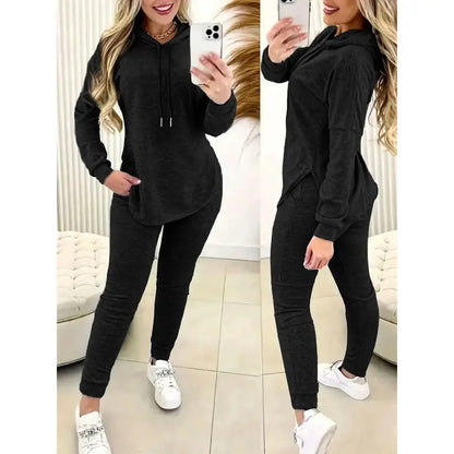 Women's Solid 2-Piece Outfit Drawstring Hooded Long Sleeve Top & Slim Fit Casual Pants