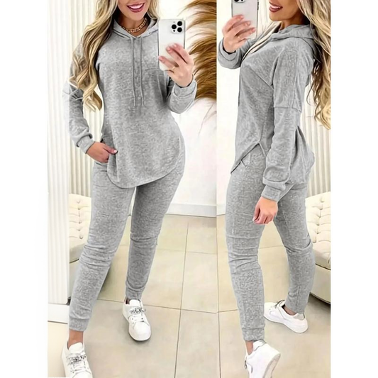 Women's Solid 2-Piece Outfit Drawstring Hooded Long Sleeve Top & Slim Fit Casual Pants