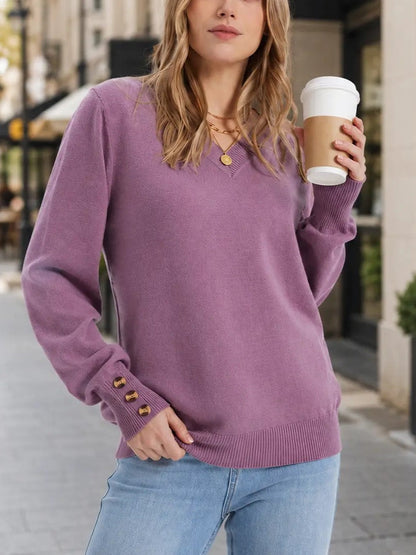 Women's Button‑Cuff V Neck Knit Pullover