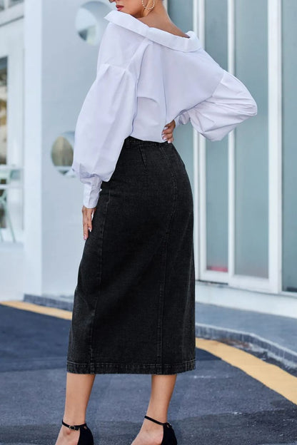 Womens High Waisted Washed Button Front Denim Long Skirt (Buy 2 Free Shipping)