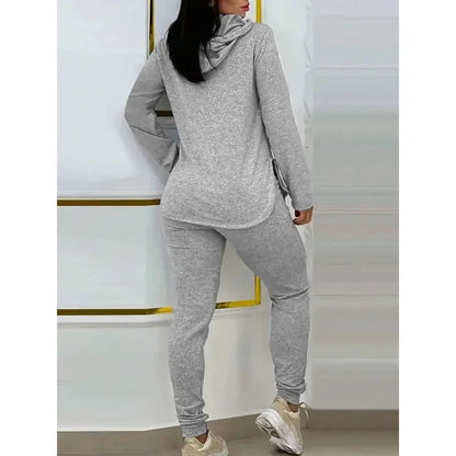 Women's Solid 2-Piece Outfit Drawstring Hooded Long Sleeve Top & Slim Fit Casual Pants