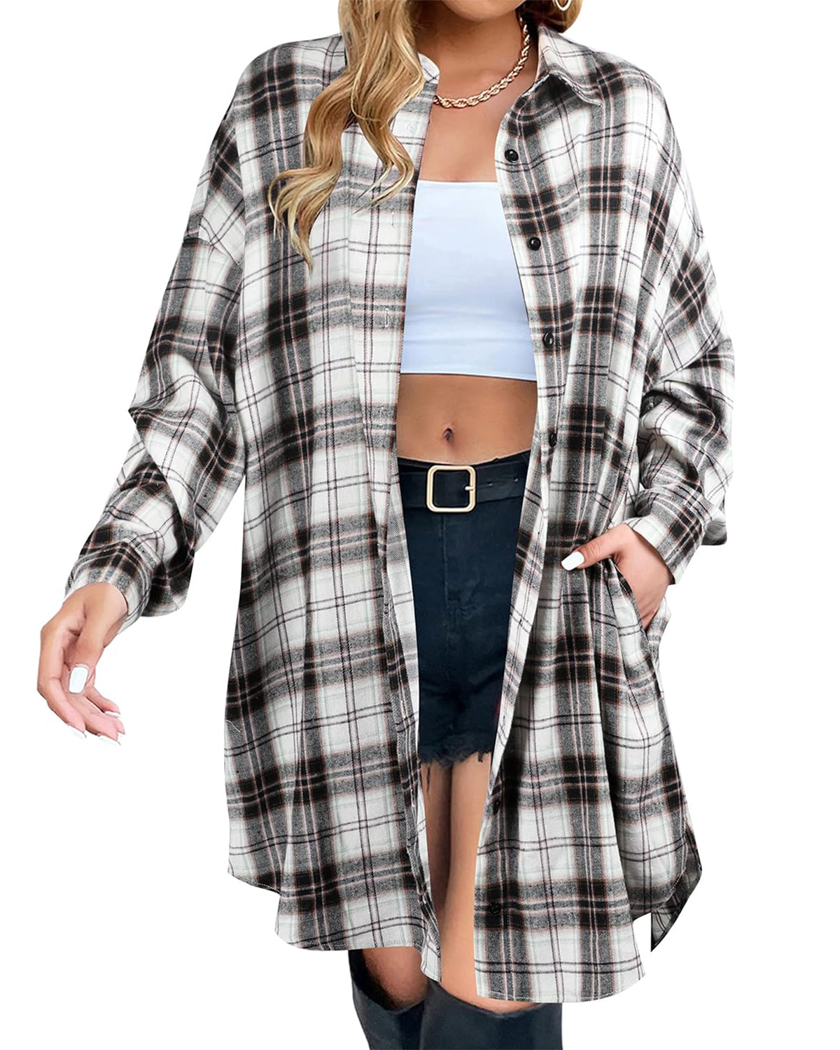 Women's Flannel Shirts Plaid Shacket Collared Long Jacket Coats