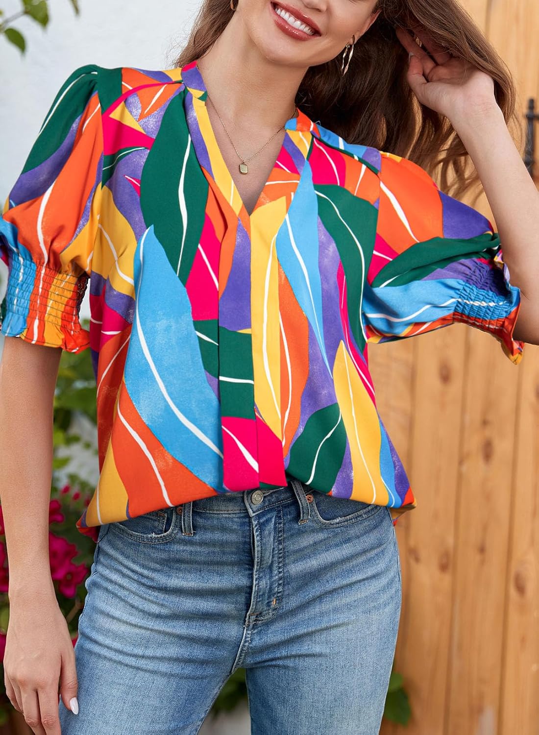 Floral V-Neck Puff Sleeve Blouse