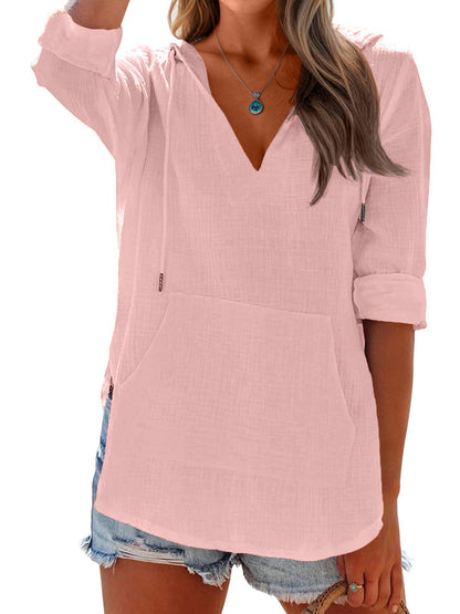 Women's Long Sleeve V Neck Pocketed Hooded Shirt Top(buy 2 free shipping)