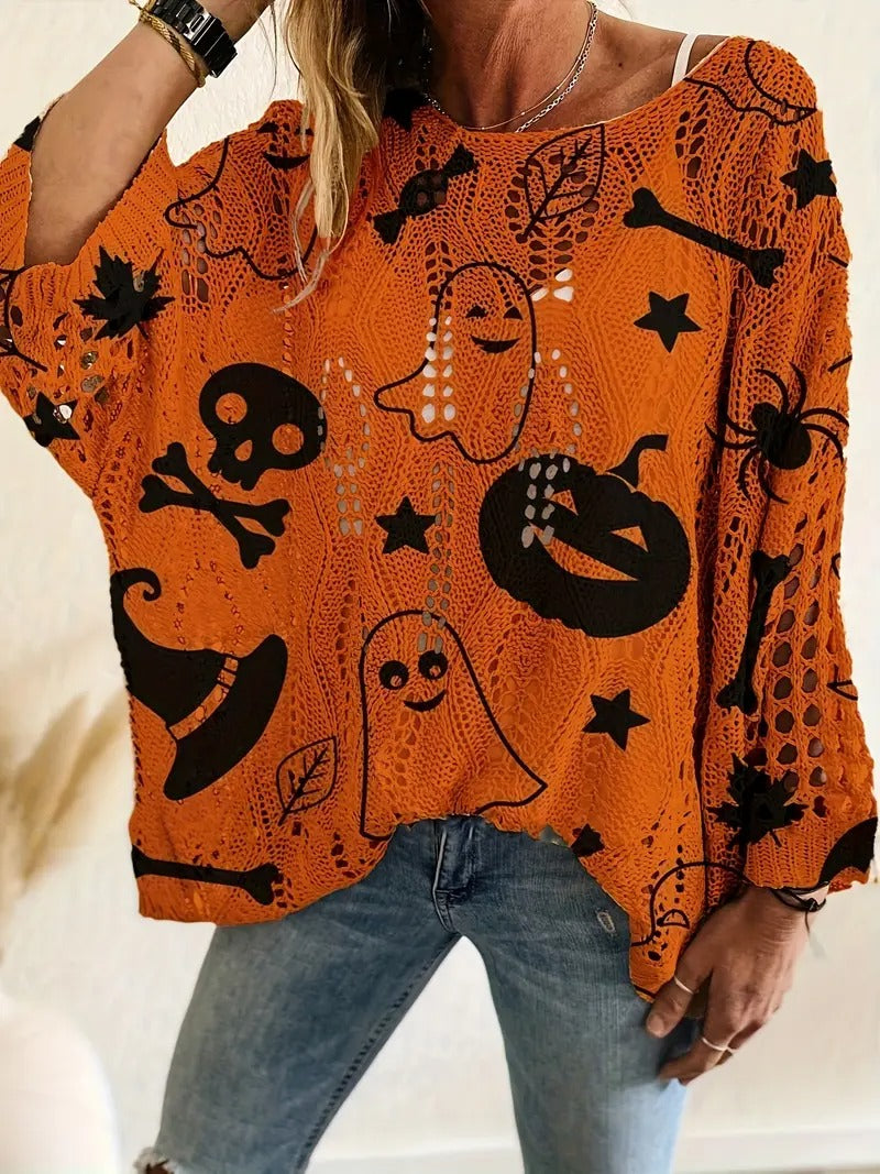 Halloween Crew Neck Pumpkin Loose Fit Long Sleeve Cutout Sweater