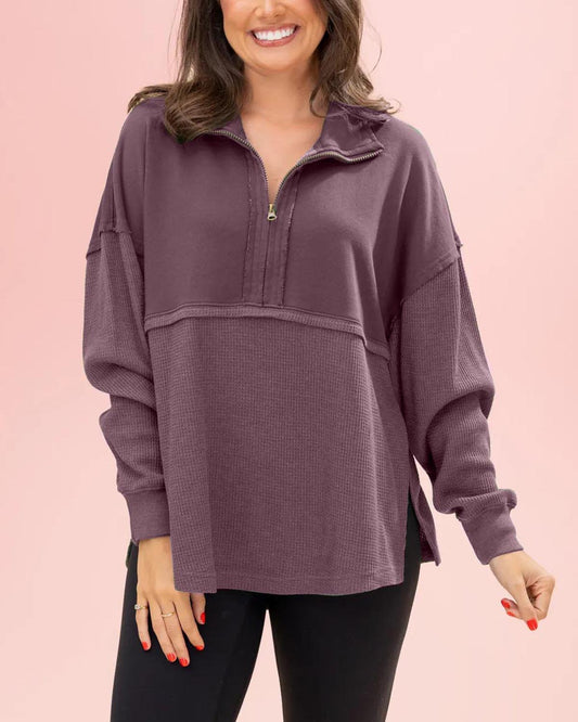 Women's Quarter Zip Pullover Slit Long Sleeve Top(BUY 2 FREE SHIPPING)