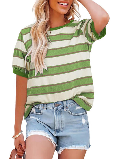 Women's Striped Color Block Short Sleeve T-Shirts Casual Loose Basic Tee