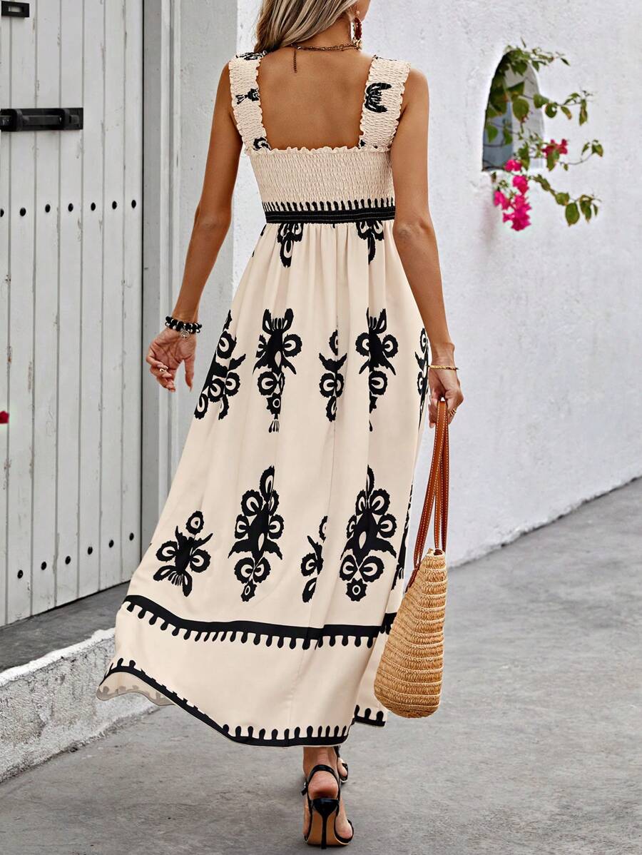 Womens Casual Sleeveless Square Neck Floral Aline Smocked Dresses with Pockets