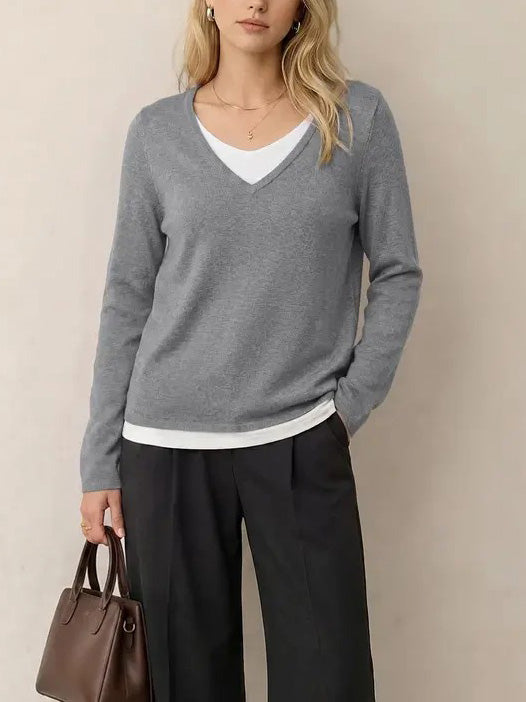 Women's 2 in 1 Patchwork V Neck Casual Sweater Tops Knitwear Long Sleeve