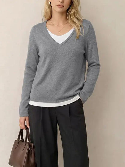 Women's 2 in 1 Patchwork V Neck Casual Sweater Tops Knitwear Long Sleeve