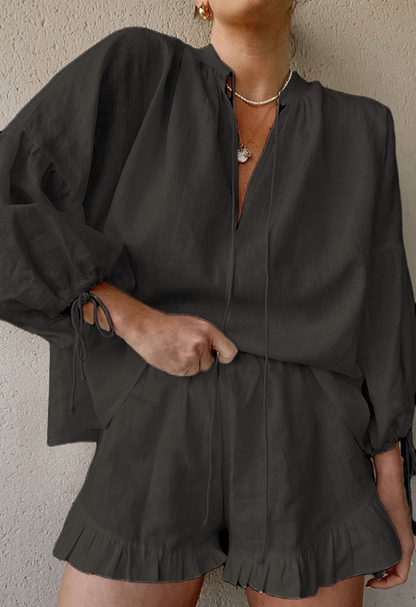Women's Lantern Sleeve Drawstring Shirt and Shorts Set(BUY 2 FREE SHIPPING)