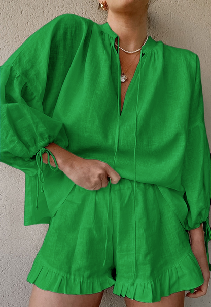 Women's Lantern Sleeve Drawstring Shirt and Shorts Set(BUY 2 FREE SHIPPING)
