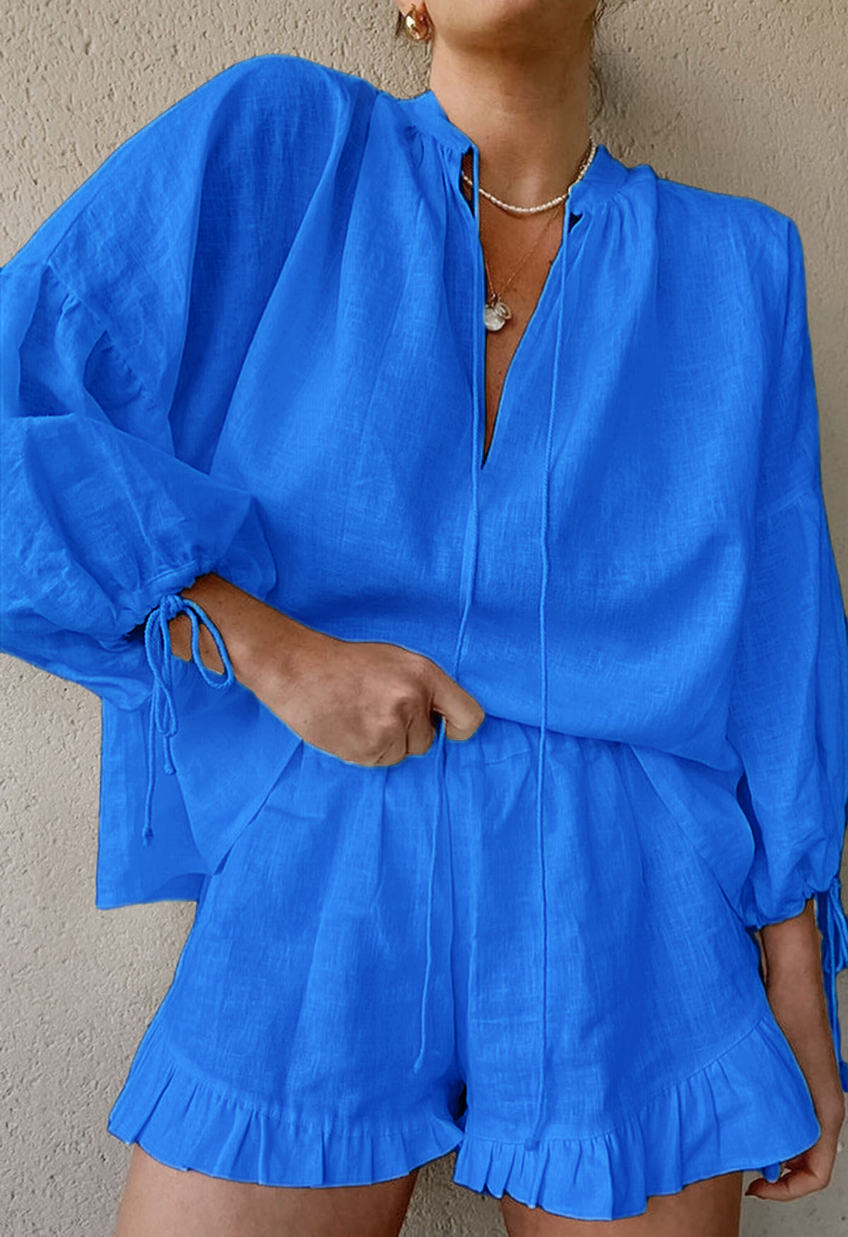 Women's Lantern Sleeve Drawstring Shirt and Shorts Set(BUY 2 FREE SHIPPING)