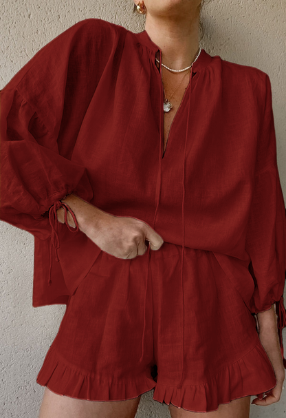 Women's Lantern Sleeve Drawstring Shirt and Shorts Set(BUY 2 FREE SHIPPING)