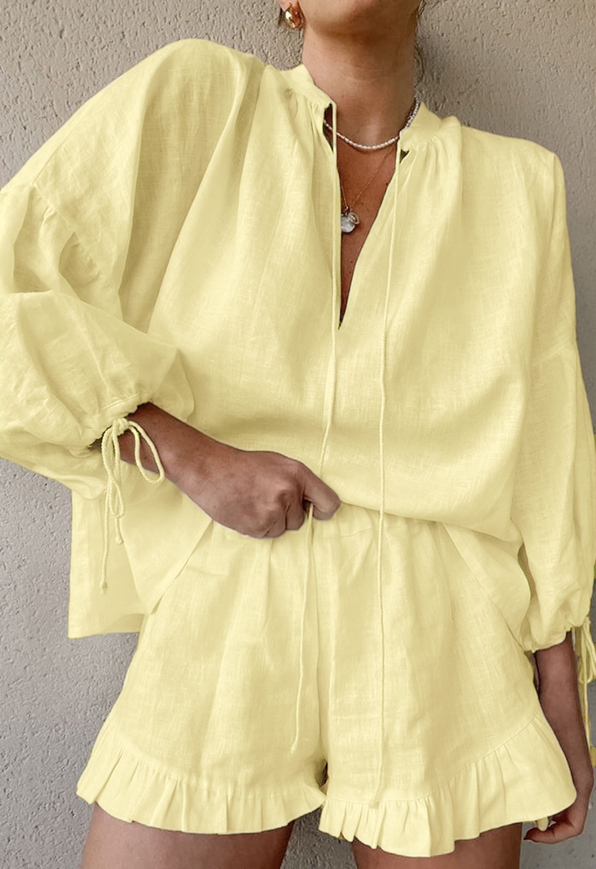 Women's Lantern Sleeve Drawstring Shirt and Shorts Set(BUY 2 FREE SHIPPING)