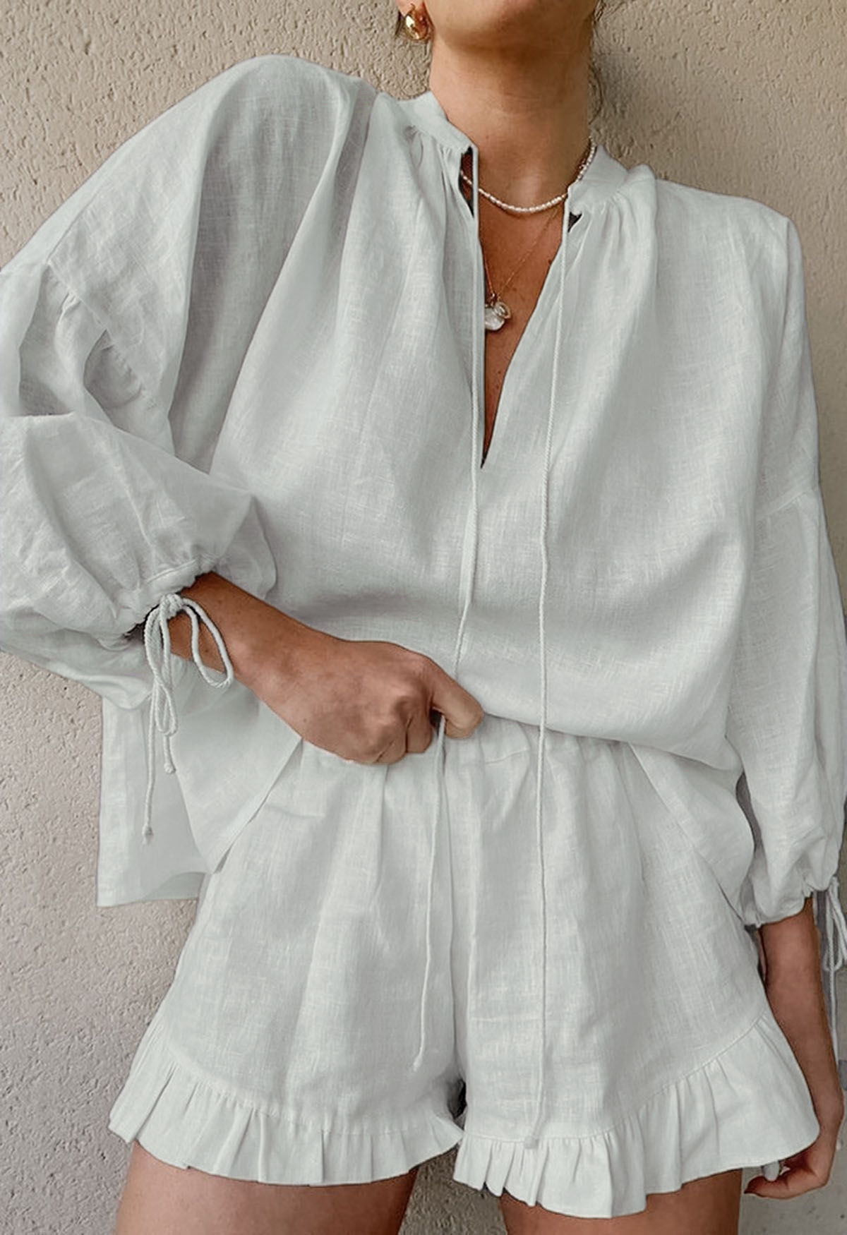 Women's Lantern Sleeve Drawstring Shirt and Shorts Set(BUY 2 FREE SHIPPING)