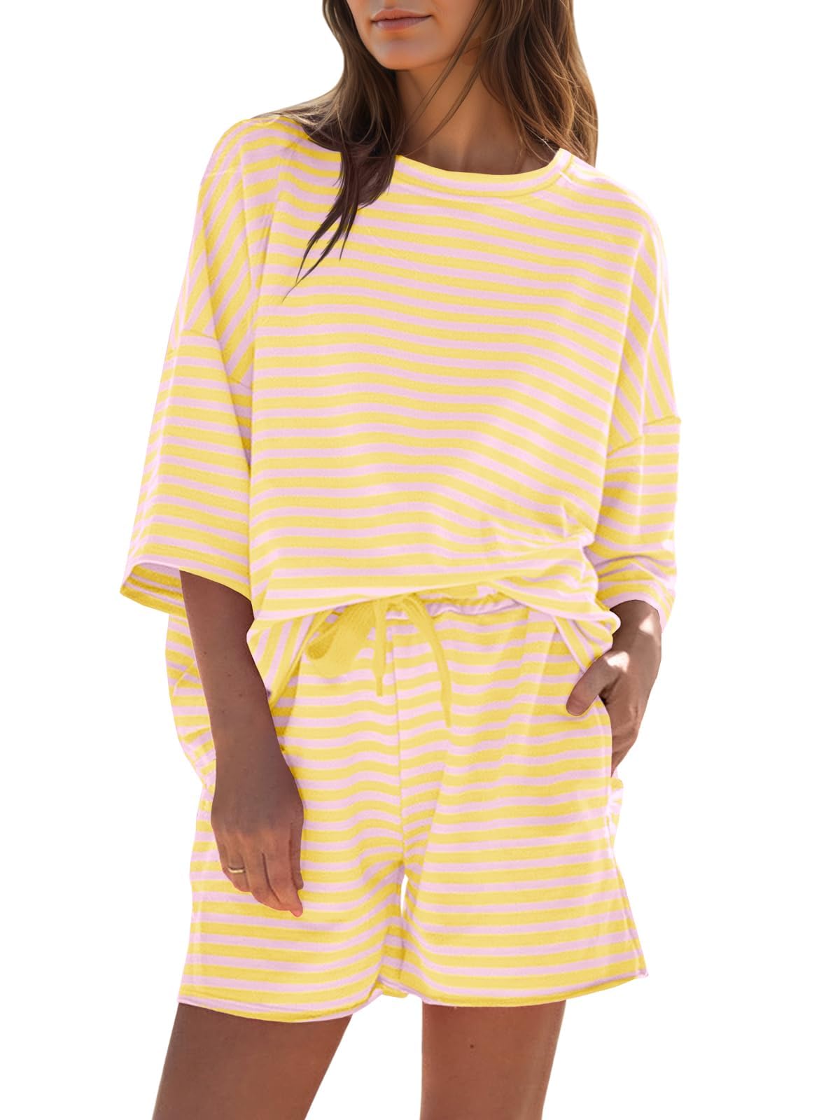 Womens Striped 3/4 Sleeve Oversized Tops High Waisted Shorts Casual Lounge Sets